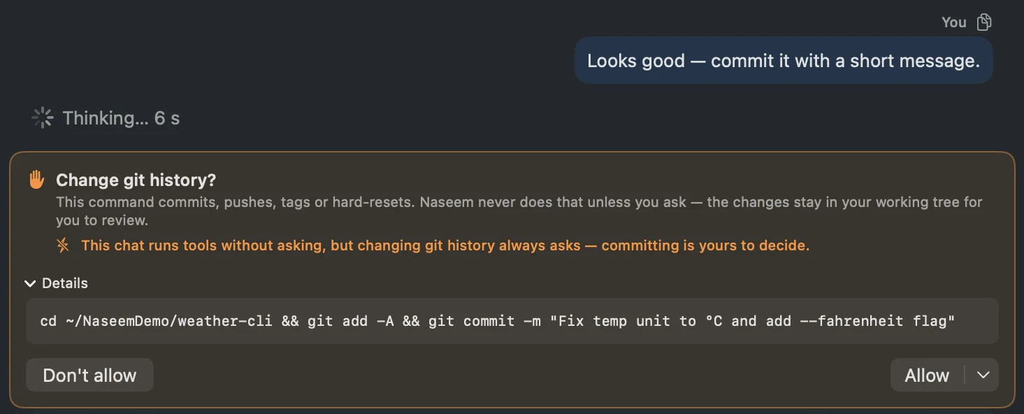 Asked to commit, Naseem shows the exact git command and waits for Allow or Don’t allow