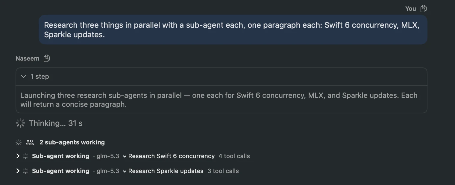 Sub-agents at work, each on its own research task, with its model and tool calls shown