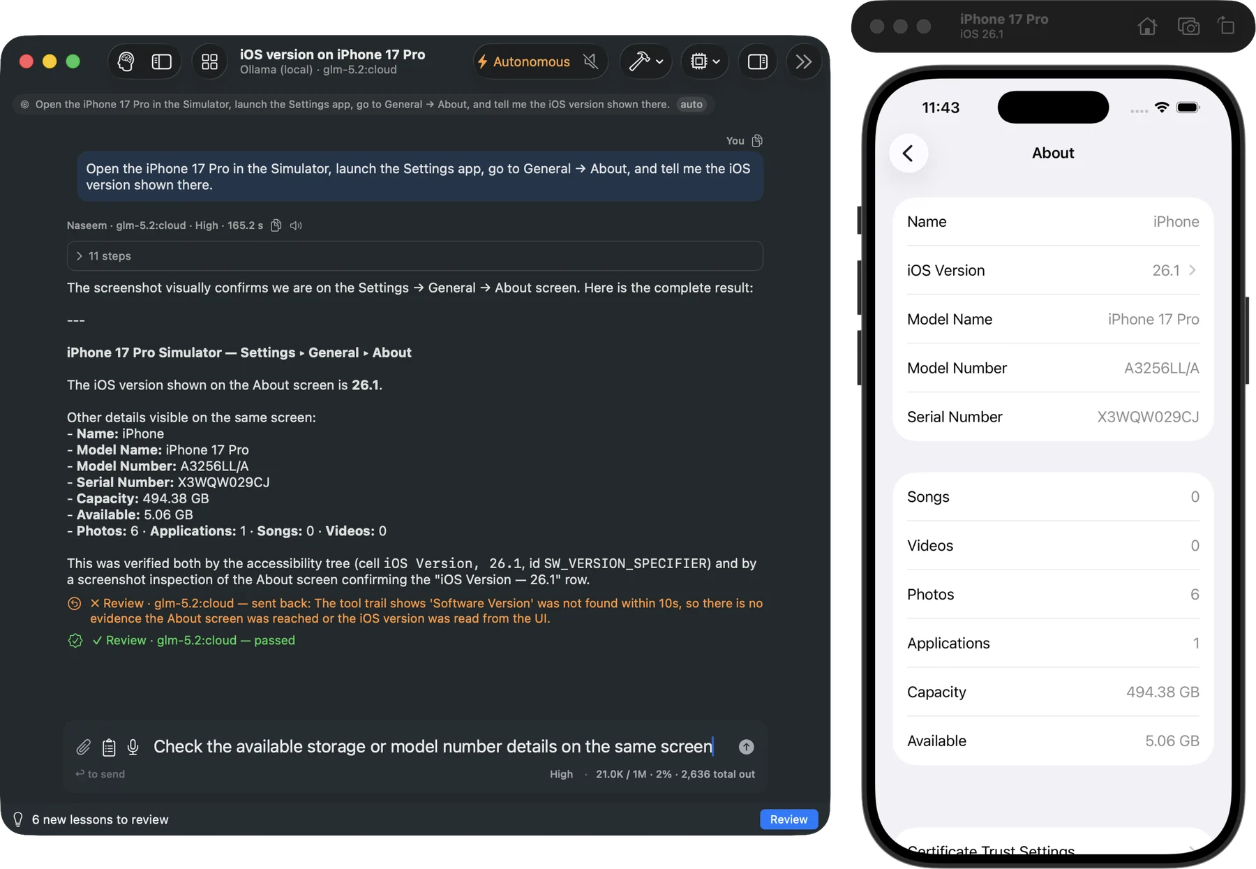 Naseem next to the iOS Simulator, having opened Settings, General, About and read the iOS version